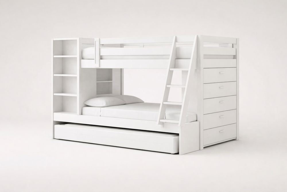 Lit superposé bois massif blanc avec échelle et tiroirs