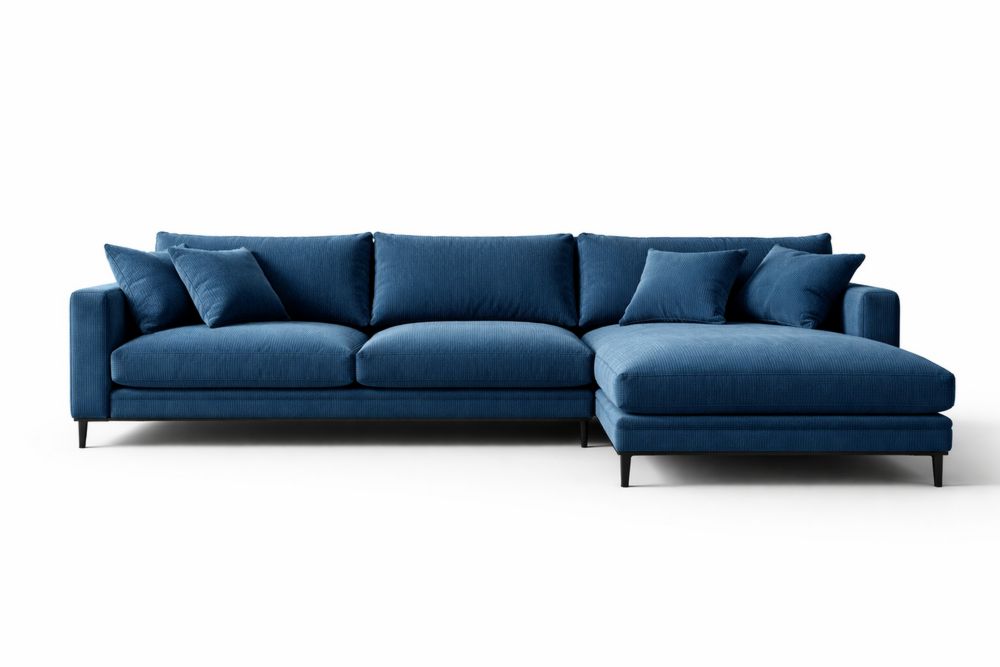 Canapé d'angle en tissu bleu avec pieds en aluminium