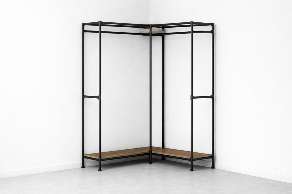 Portant d'angle en acier noir avec étagères en bois massif