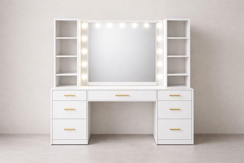 Coiffeuse en MDF avec miroir éclairé et étagères