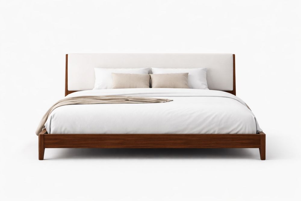 Lit double en bois massif avec tête de lit rembourrée