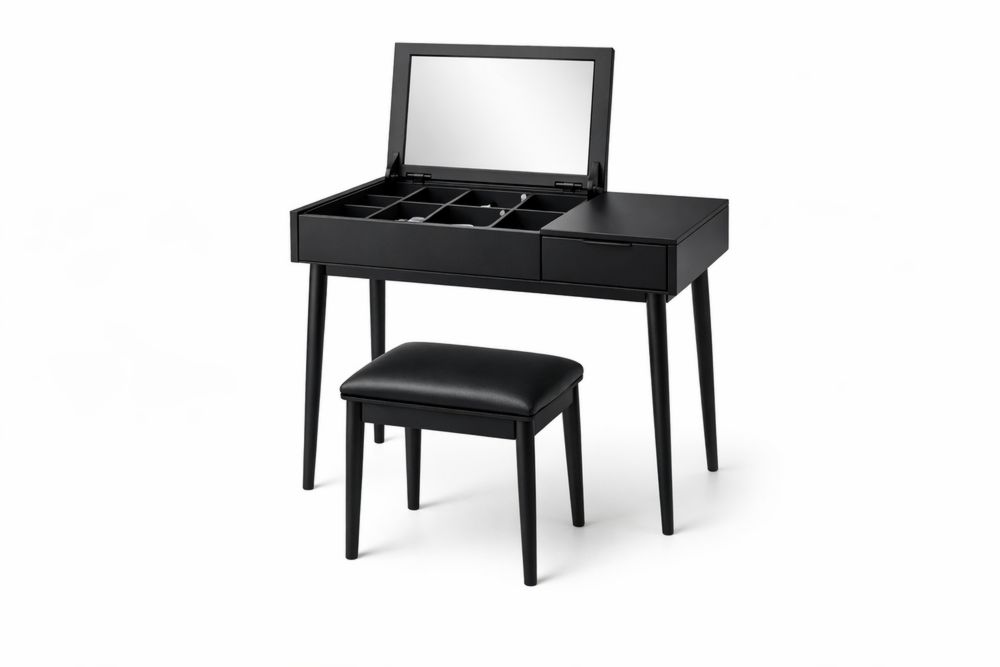 Coiffeuse en MDF noir avec miroir et tabouret