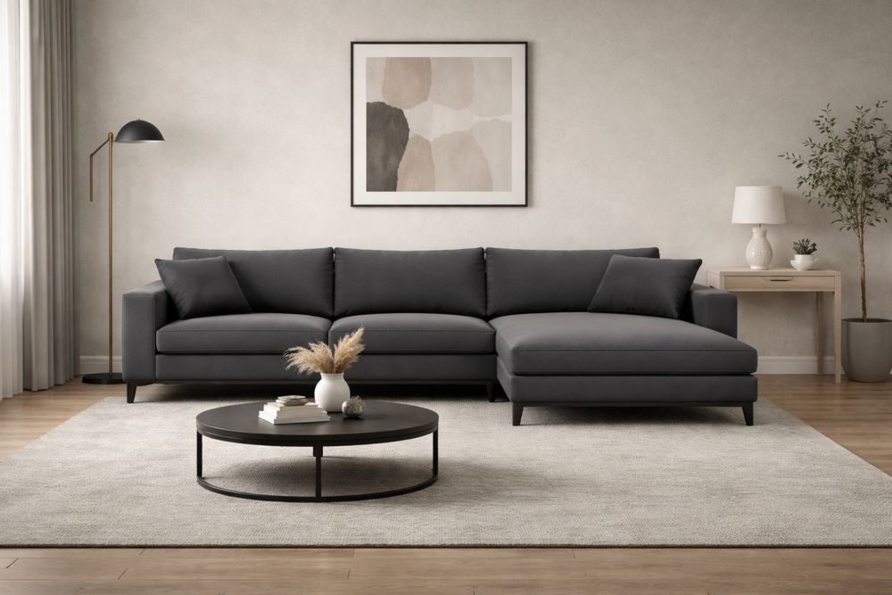 Canapé en tissu polyester gris avec méridienne