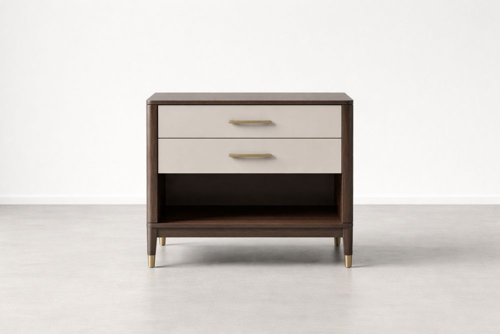 Table de chevet en bois massif avec deux tiroirs MDF blanc et brun