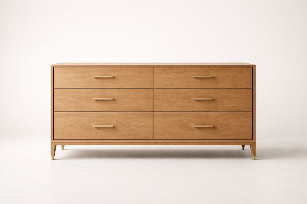 Commode en bois massif avec 6 tiroirs et poignées en aluminium