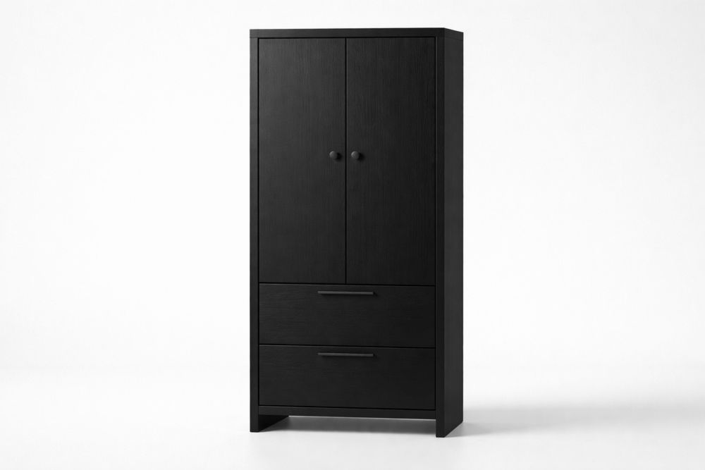 Armoire en bois massif noir avec portes et tiroirs 80x50x200cm