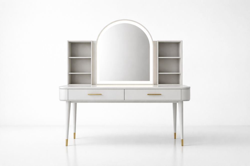 Coiffeuse MDF aluminium avec Miroir Arqué Blanc 120x40x140 cm