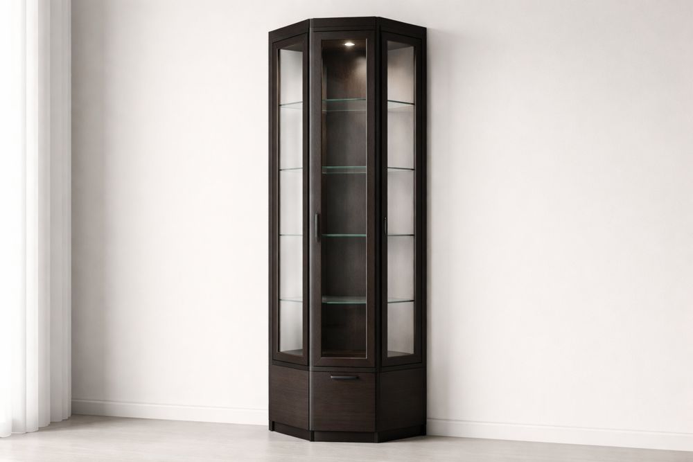 Vitrine d'angle en bois massif et verre trempé brun foncé