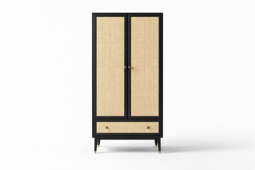 Armoire en Bois massif et Rotin Noir et Naturel avec Tiroir