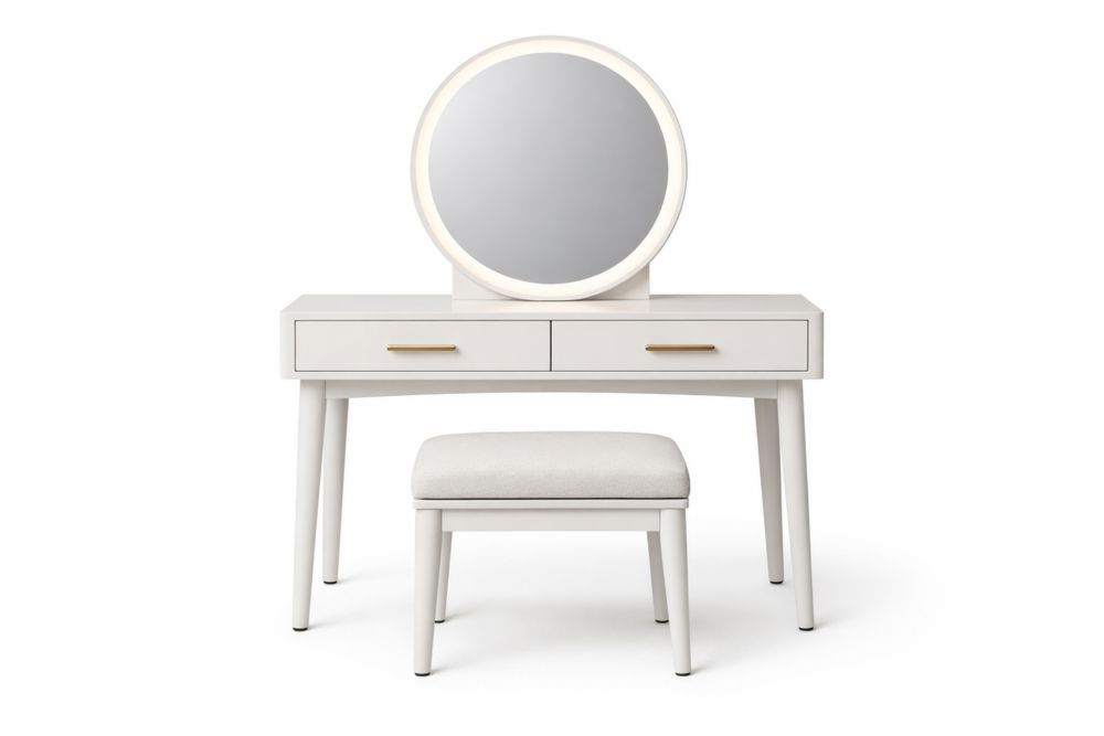 Coiffeuse en MDF avec Miroir Rond LED et Tabouret