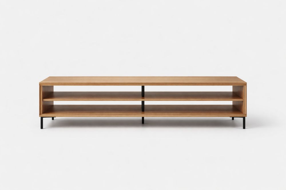 Meuble TV en MDF avec finition bois massif naturel, pieds aluminium, 180x45x50 cm