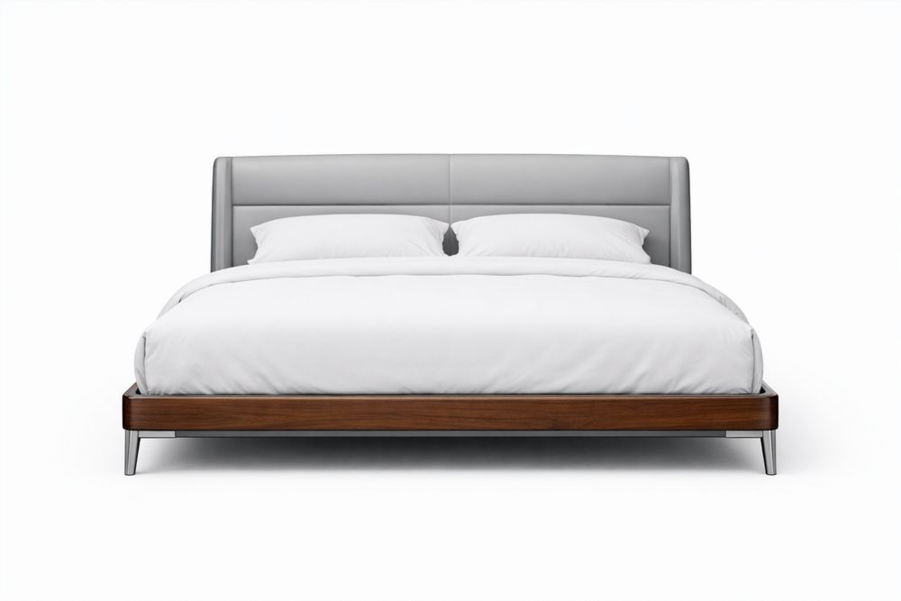 Lit double en bois massif avec tête de lit en tissu gris