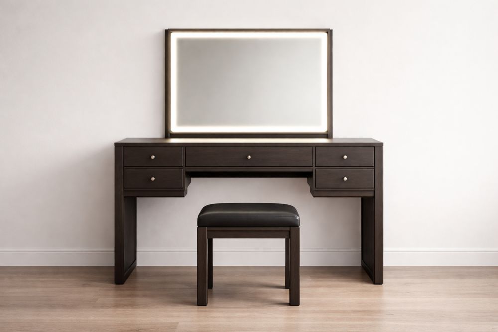 Table de Maquillage en Bois d'ingénierie avec Miroir LED et Tabouret