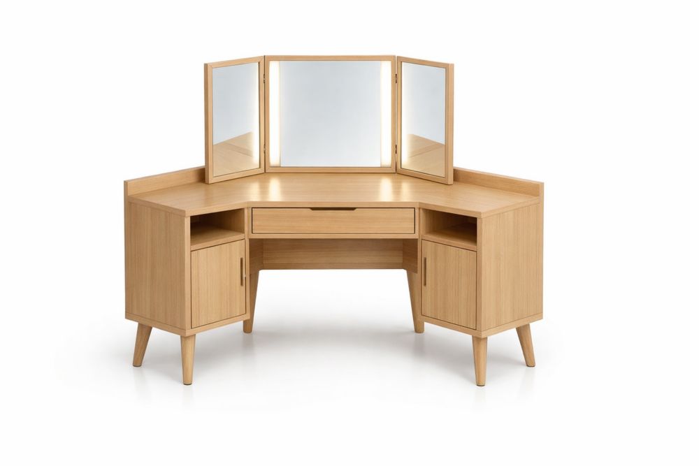 Coiffeuse d'angle en bois de chêne de chêne avec miroir triple et rangement