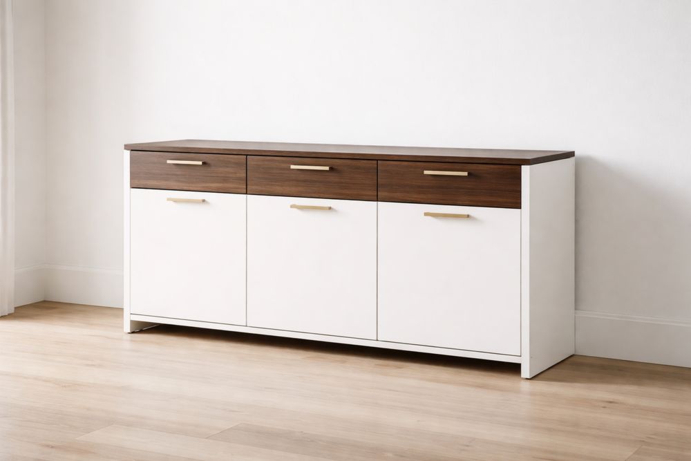 Buffet en MDF brun et blanc avec tiroirs et portes 150x85x40 cm