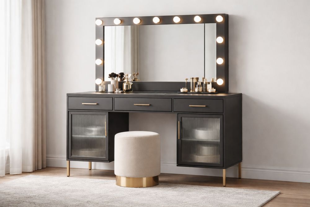 Coiffeuse avec miroir éclairé en MDF, aluminium et verre noir