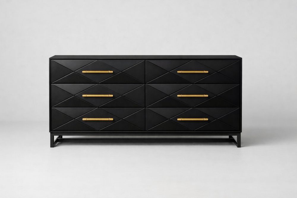 Commode en MDF Noir avec Poignées en Aluminium Doré