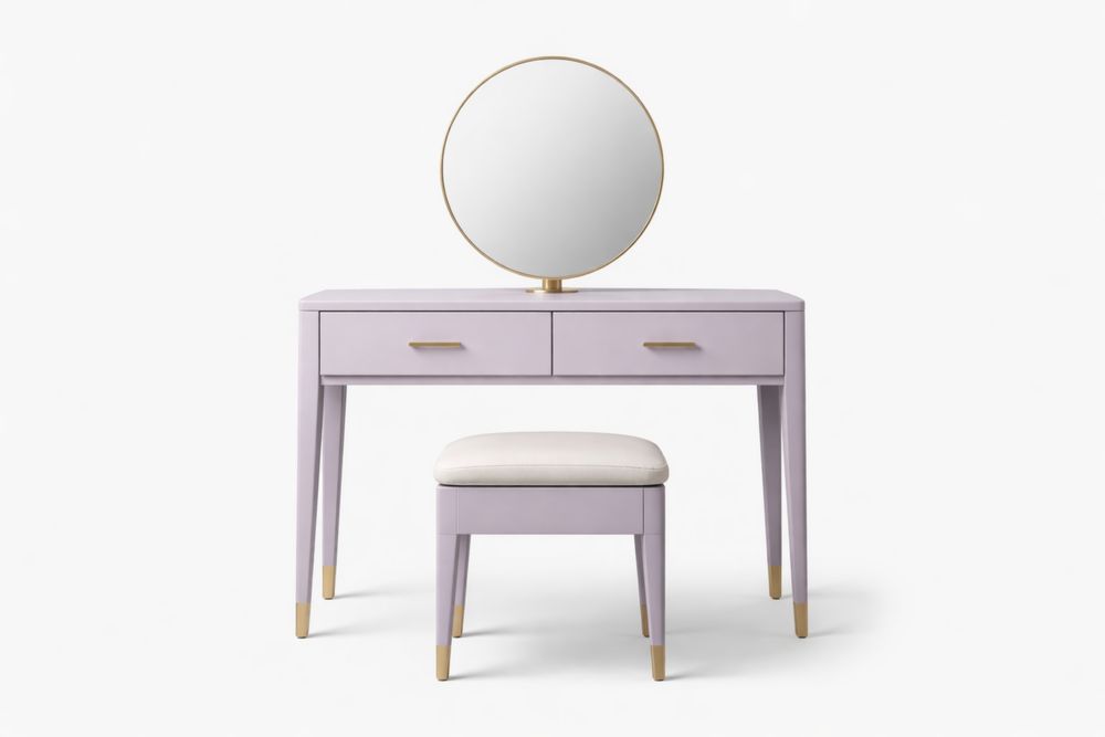 Coiffeuse en MDF Violet avec Miroir Rond et Tabouret Rembourré