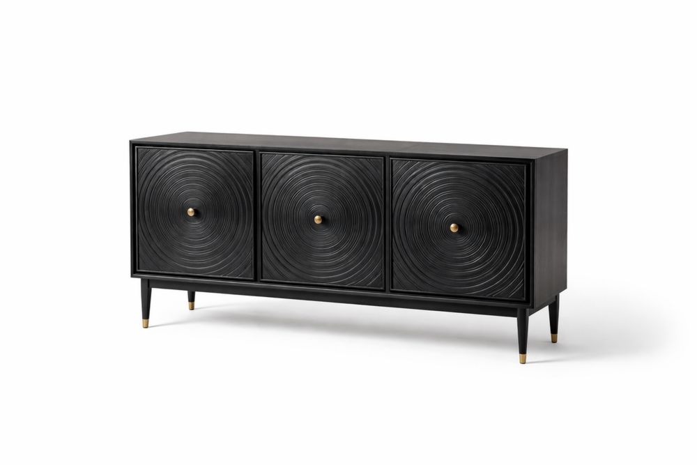 Buffet rectangulaire en bois de frêne massif avec motifs circulaires noirs