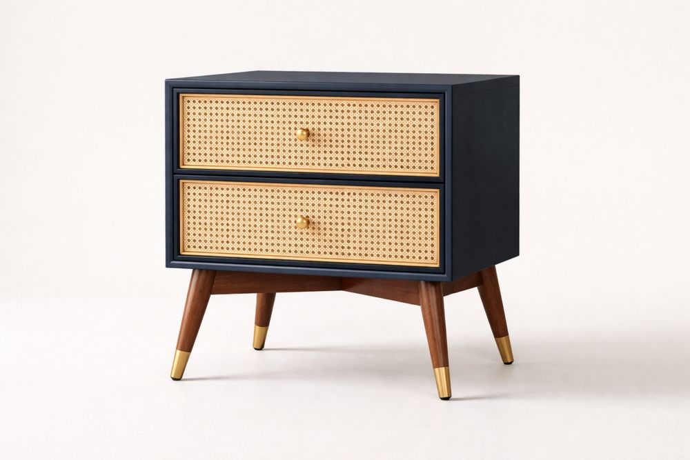 Table de chevet en bois massif et rotin avec pieds dorés 45x35x65 cm