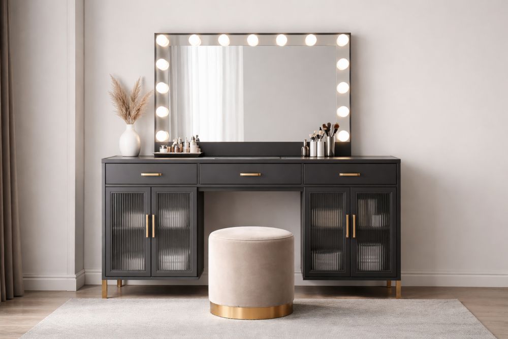 Coiffeuse en MDF Noir avec Miroir LED et Tabouret