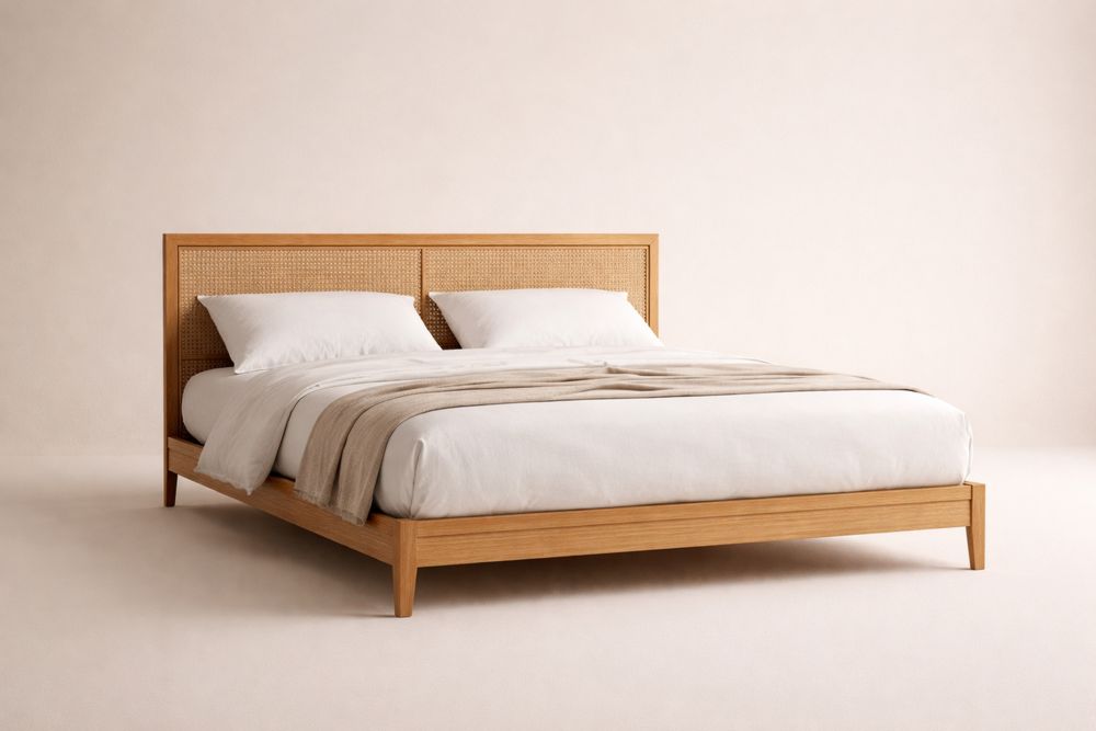 Lit double en chêne et rotin