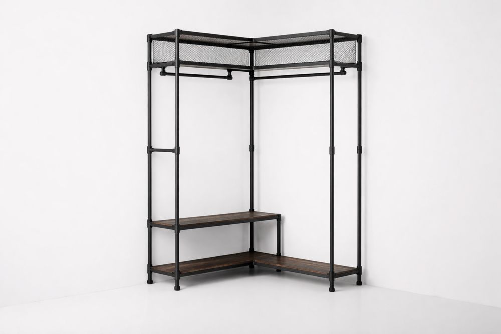 Penderie d'angle en acier et bois de pin avec étagères Noires