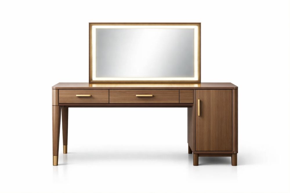 Coiffeuse en Bois en placage de noyer Marron avec Miroir LED et Rangement