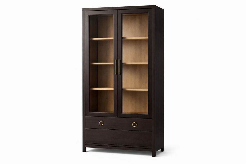 Bibliothèque en MDF avec portes en verre et tiroirs marron 80x40x180 cm