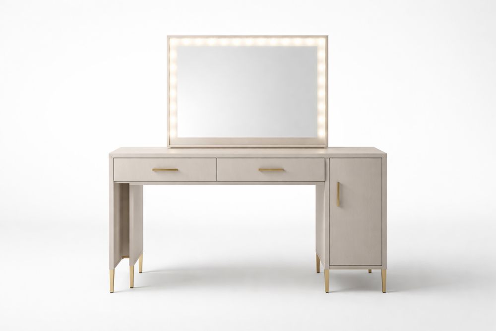 Coiffeuse Beige en MDF avec Miroir Éclairé