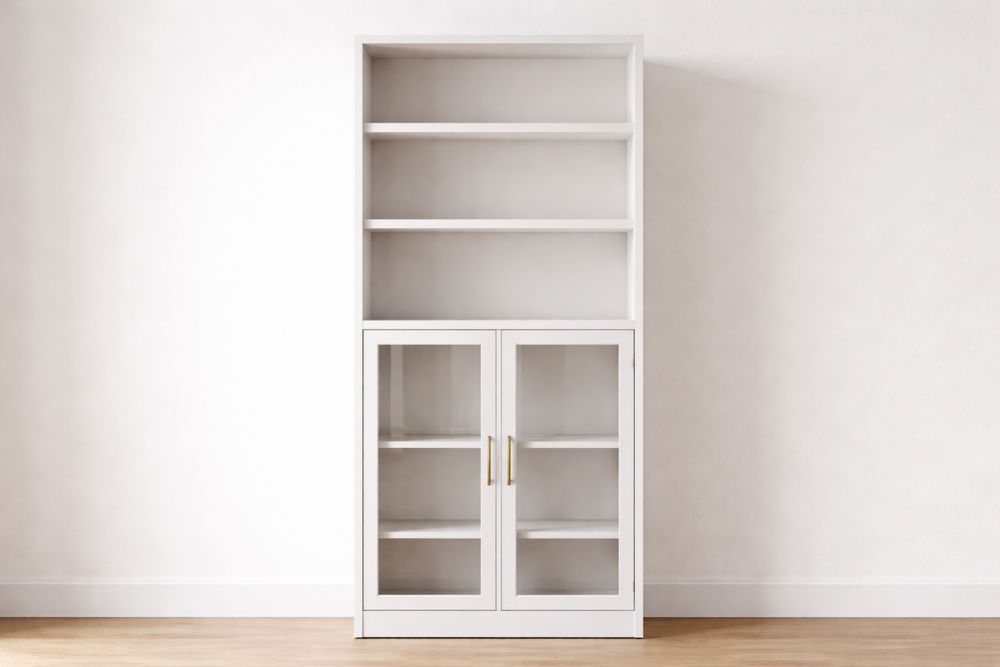 Bibliothèque en MDF blanc avec portes en verre trempé