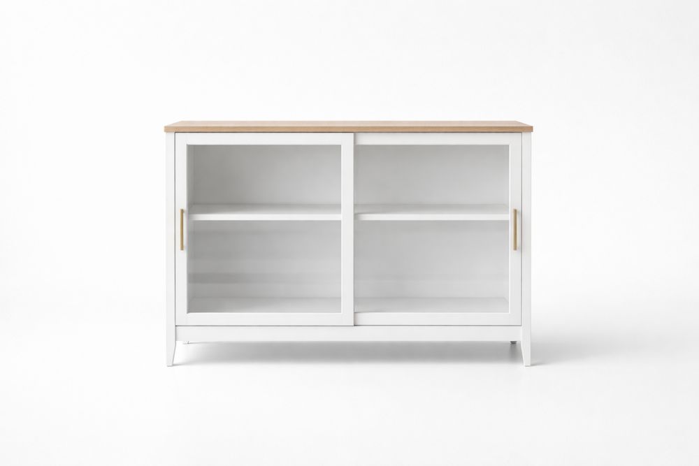 Buffet rectangulaire MDF verre portes coulissantes Blanc/Bois naturel