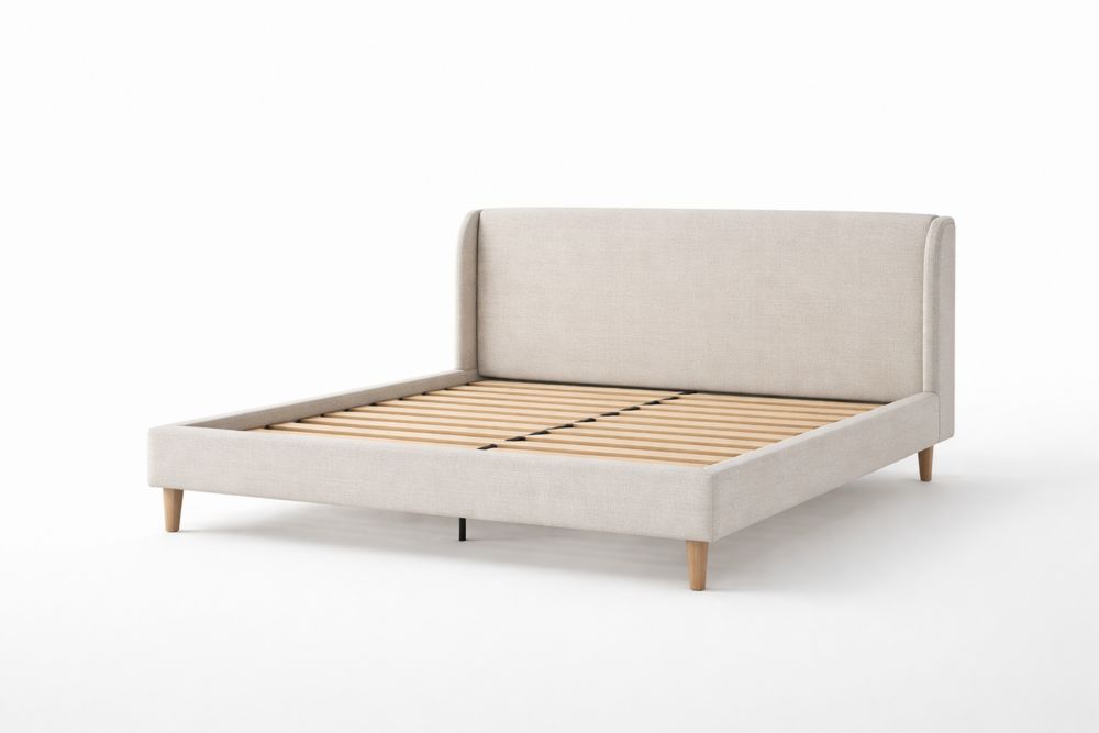 Lit en tissu beige avec structure en bois massif et lattes 200x150x80 cm