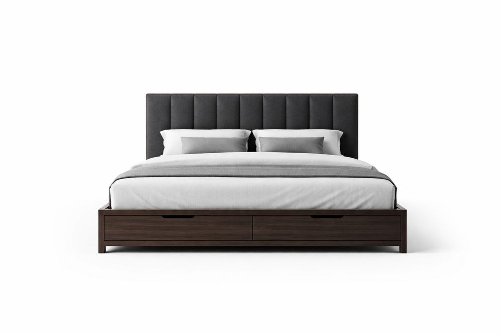 Lit double en bois massif avec tête de lit en tissu et tiroirs