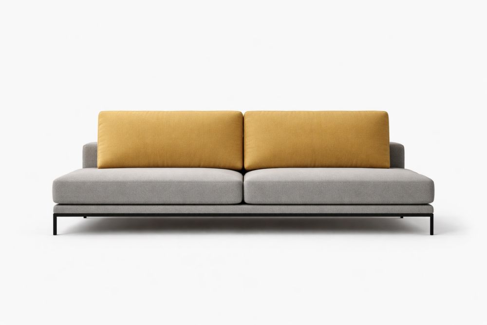 Canapé 2 places en tissu gris et jaune avec cadre en acier