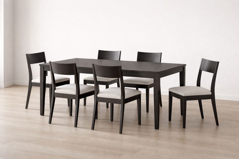 Table à manger en bois avec 6 chaises en tissu-Caselivo