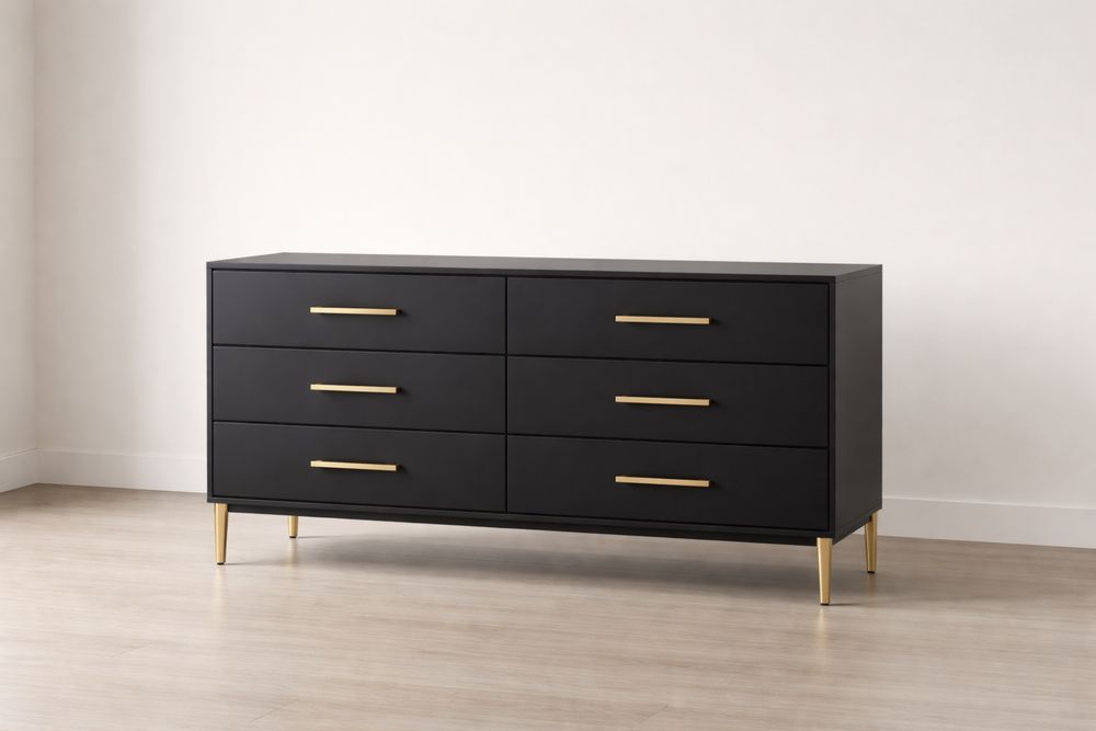 Commode 6 tiroirs noire avec poignées et pieds en métal doré-Caselivo