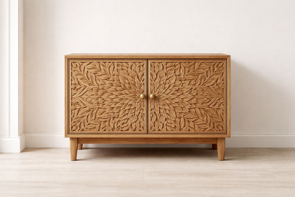 Buffet en Bois Massif Sculpté Feuille 90x40x75 cm-Caselivo