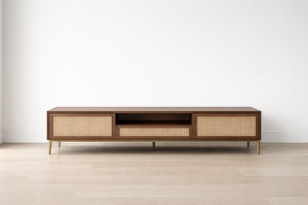 Meuble TV en bois et rotin avec pieds en métal 160x40x45 cm-Caselivo