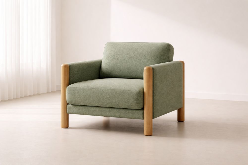Fauteuil en tissu vert olive avec accoudoirs en bois-Caselivo