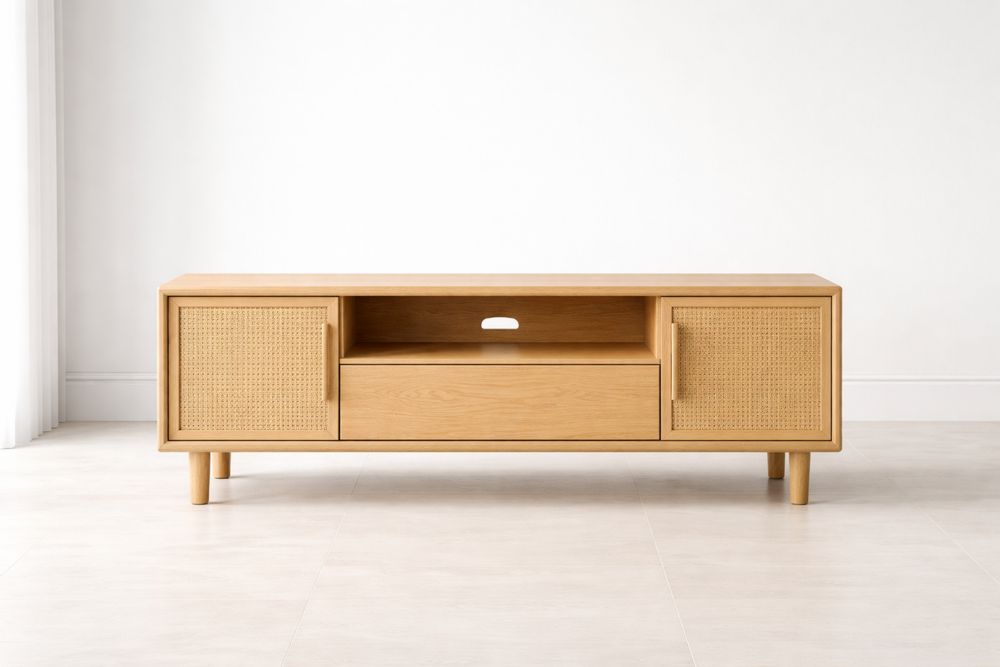 Meuble TV en Chêne avec Portes en Rotin 120x40x50 cm-Caselivo