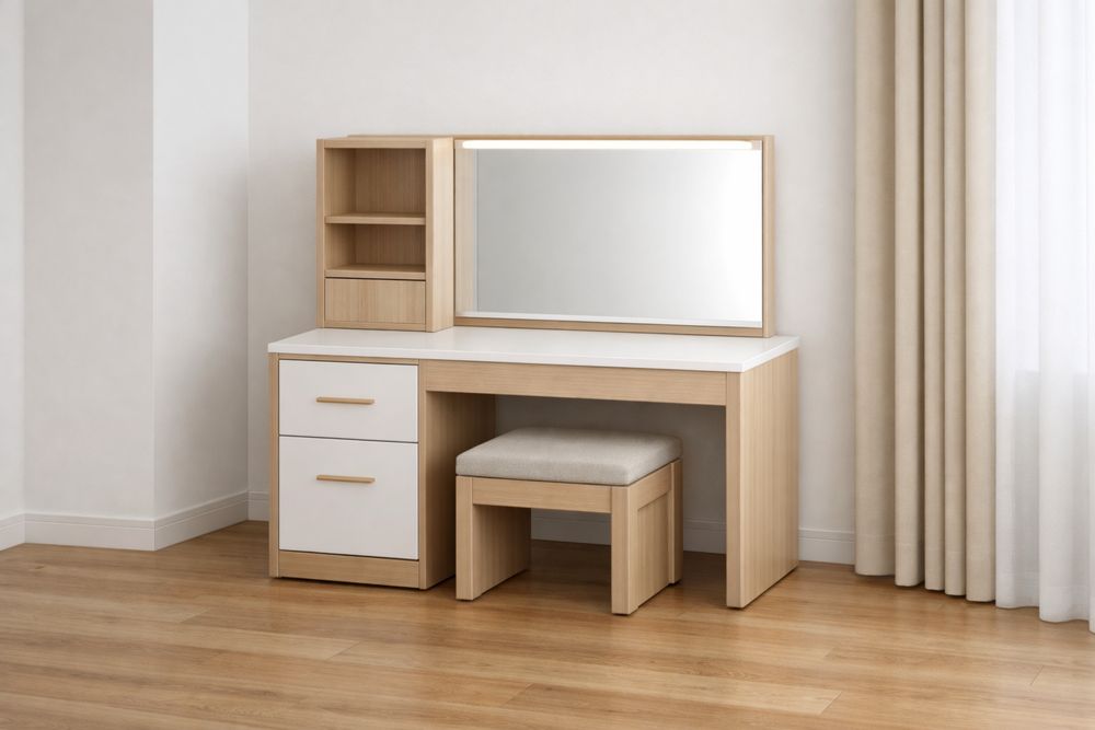 Coiffeuse en Bois avec Miroir et Tabouret Beige Blanc-Caselivo