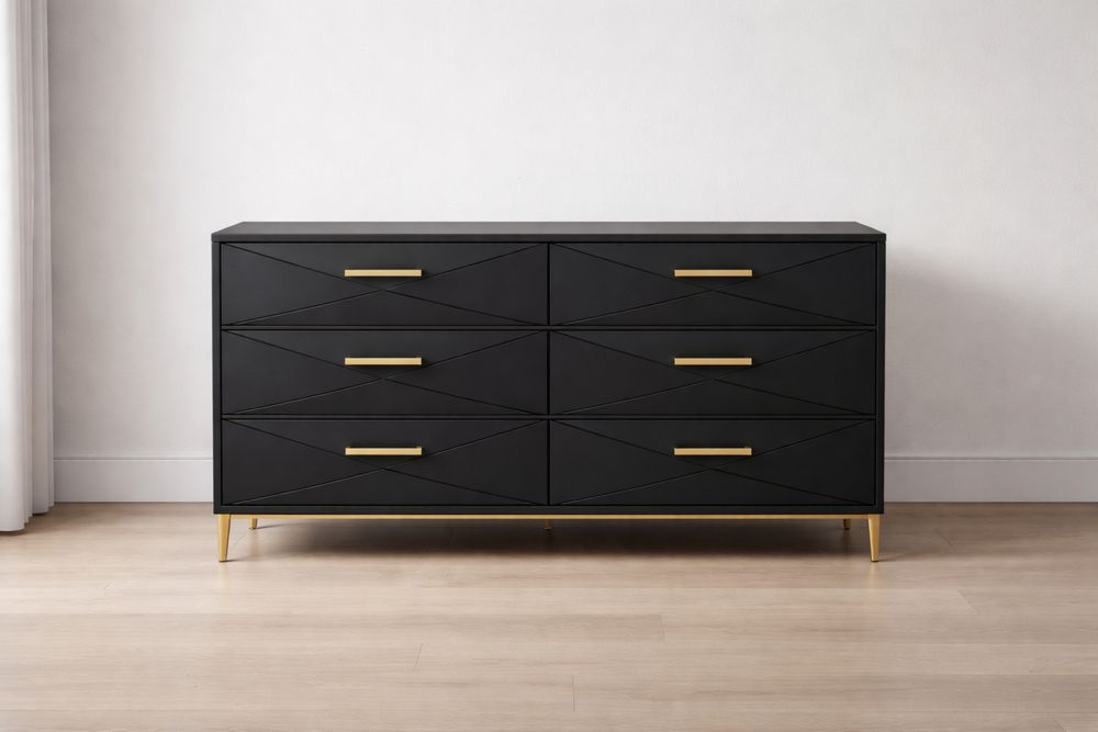 Commode 6 tiroirs MDF Noir et Métal Doré 130x40x85 cm-Caselivo
