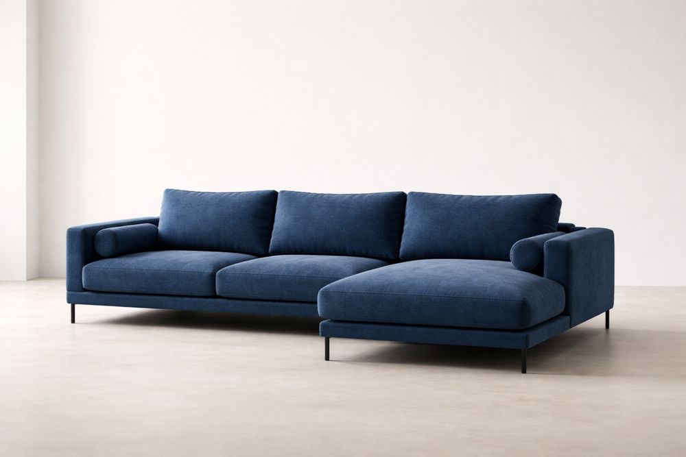Canapé d'angle en tissu bleu avec méridienne et pieds en métal-Caselivo