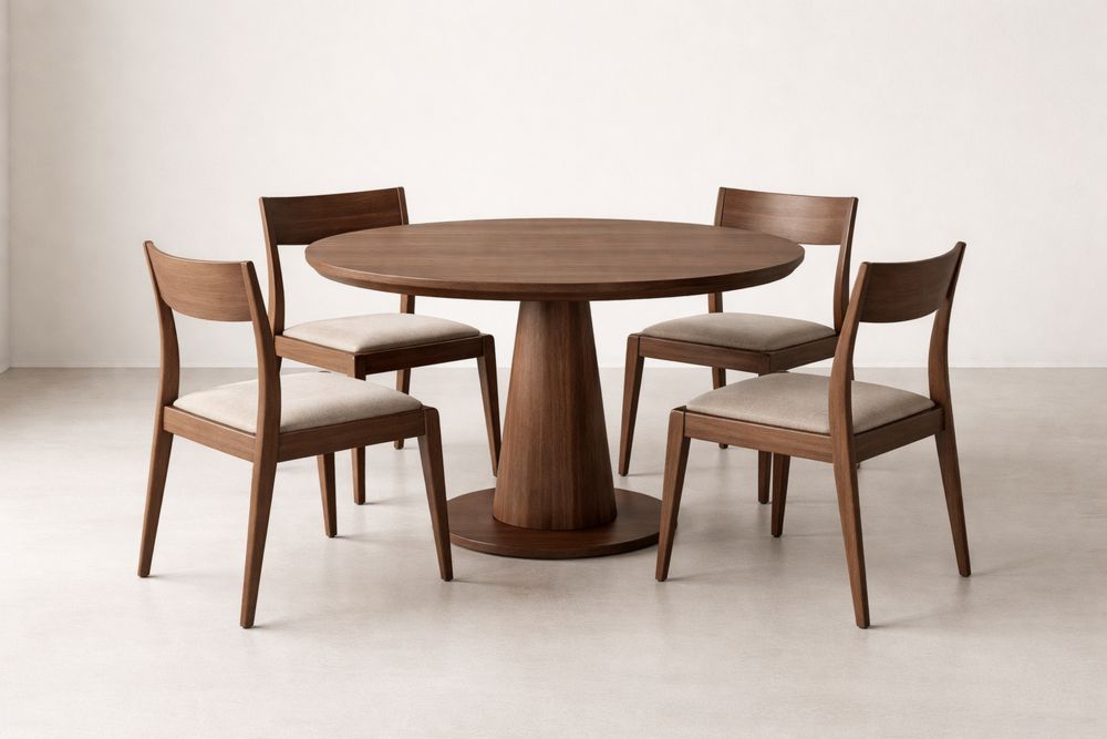 Table ronde en bois avec 4 chaises en bois et tissu-Caselivo