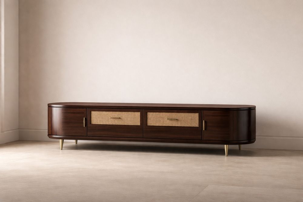 Meuble TV en bois de noyer et rotin avec pieds en métal-Caselivo