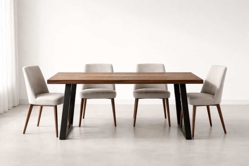 Table à manger en bois avec chaises en tissu beige-Caselivo