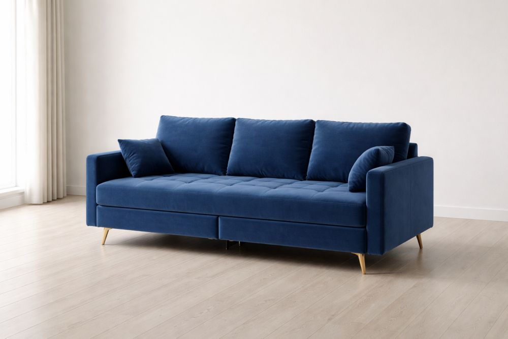 Canapé-lit en velours bleu avec pieds métalliques dorés-Caselivo