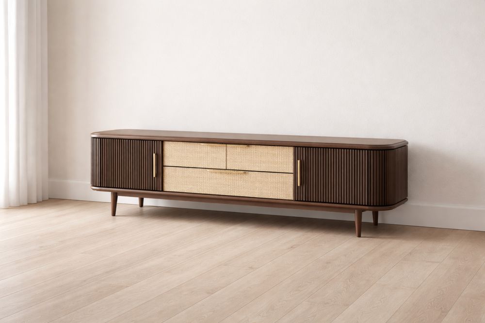 Meuble TV en Bois et Rotin Marron 200x40x50cm-Caselivo