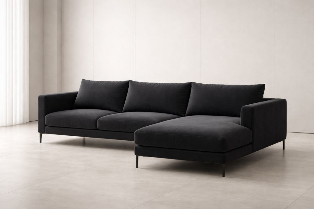 Canapé d'angle en tissu polyester Charbon avec méridienne droite-Caselivo